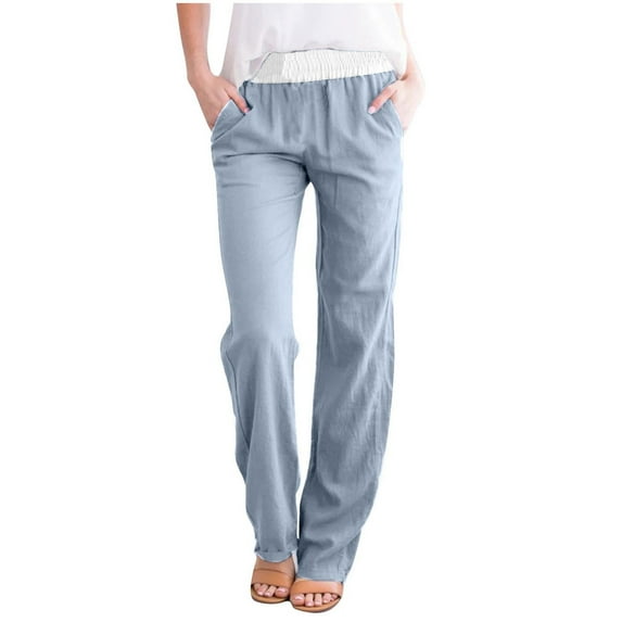 ABATAB Pants for Women Casual High Waisted Pull on Pants Loose Fit Lounge Pure Color Beach Trousers with Pockets