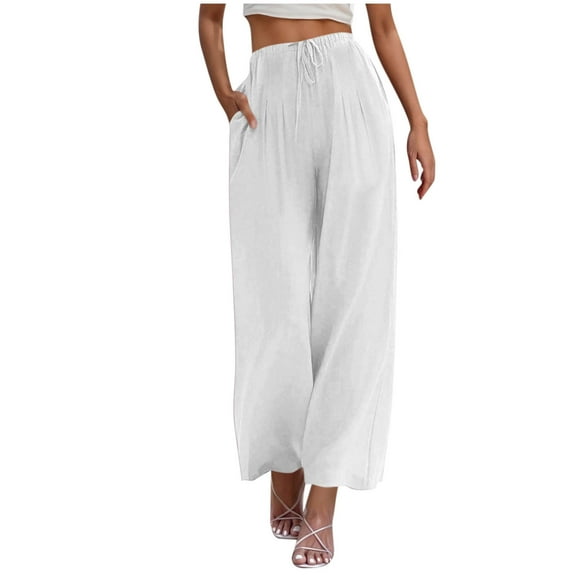 ABATAB Pants for Women Cotton Linen Baggy Loose Pure Color Pants Wide Leg Drawstring Palzaao Trousers with Pockets