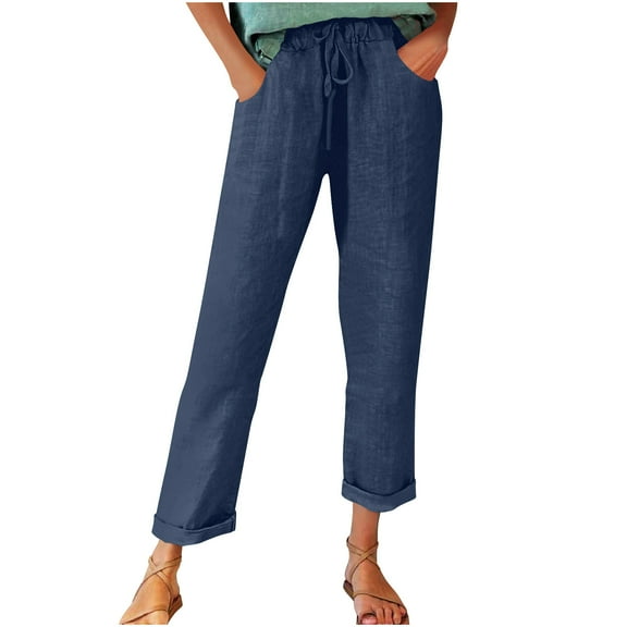 ABATAB Pants for Women Summer Roll up Hem Outfits Wide Leg Cotton Linen Beach Casual Vacation Pants with Pockets