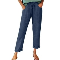 ABATAB Pants for Women Summer Roll up Hem Outfits Wide Leg Cotton Linen Beach Casual Vacation Pants with Pockets