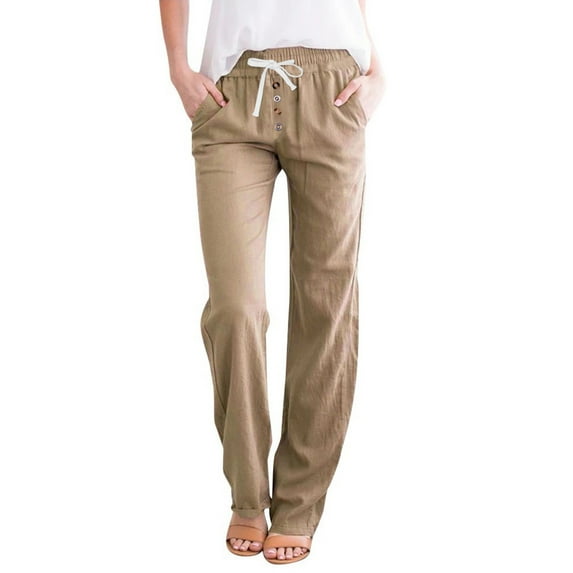 ABATAB Pants for Women Casual Summer Drawstring Elastic Waist Pants Cotton Linen Loose Fit Pants with Pockets