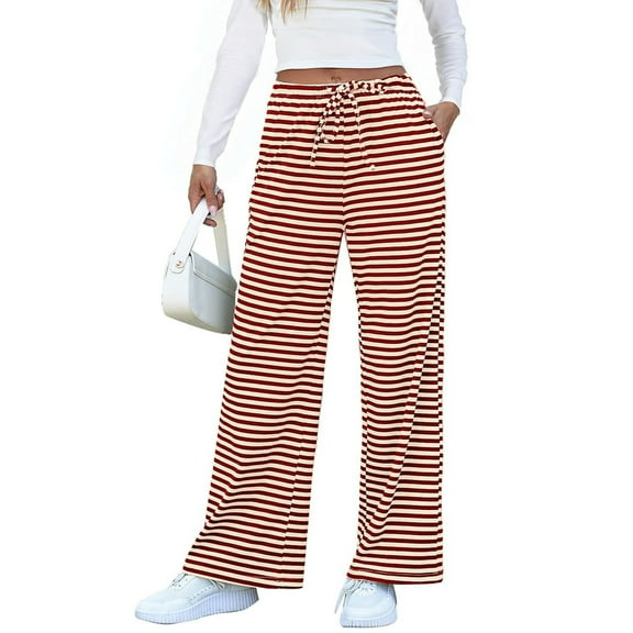 ABATAB Pants for Women Striped Baggy Lightweight Palazzo Pants Casual Drawstring Lounge Wide Leg Pants with Pockets