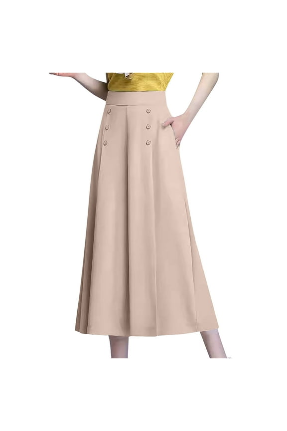 Plus Size Capri Pants for Women High Waisted Button up Work Culottes Wide Leg Casual Fashion Crop Trousers with Pockets