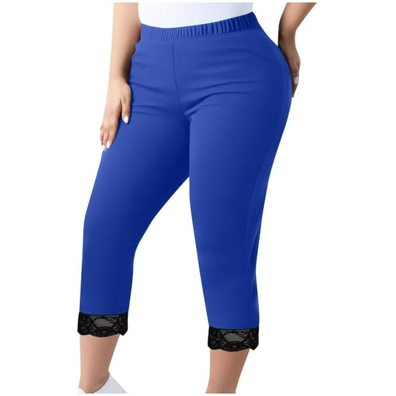 ABATAB Plus Size Capri Pants for Women Lace Trim Elastic Waist Slim Fit Capris Trousers Fashion Cropped Pants