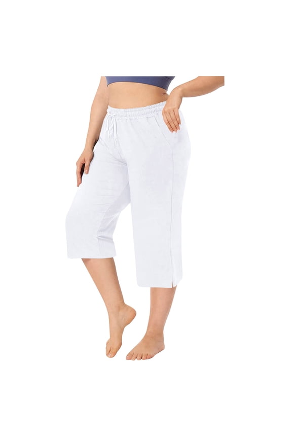 Plus Size Capris for Women Casual Summer Loose Comfy Crop Trousers Drawstring Wide Leg Capri Pants with Pockets