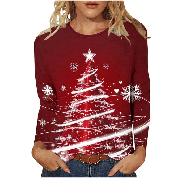 ABATAB Plus Size Christmas Shirts for Women Long Sleeve Crewneck Christmas Fashion Graphic Print Pullover Tops Vacation Clothes