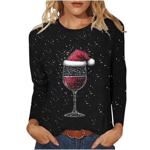 ABATAB Plus Size Christmas Shirts for Women Long Sleeve Crewneck Christmas Fashion Graphic Print Pullover Tops Vacation Clothes