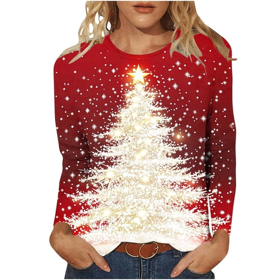 ABATAB Plus Size Christmas Shirts for Women Long Sleeve Crewneck Christmas Fashion Graphic Print Pullover Tops Vacation Clothes