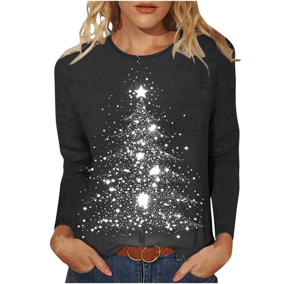 ABATAB Plus Size Christmas Shirts for Women Long Sleeve Crewneck Christmas Fashion Graphic Print Pullover Tops Vacation Clothes