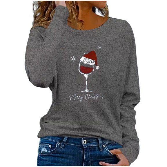 ABATAB Plus Size Christmas Sweatshirts for Women Red Wine Glass Graphic Print Long Sleeve Crewneck Shirt Vacation Pullover Tops