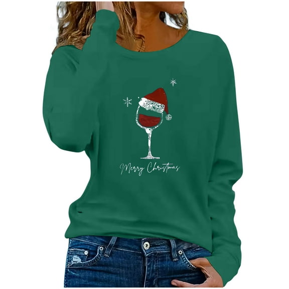 ABATAB Plus Size Christmas Sweatshirts for Women Red Wine Glass Graphic Print Long Sleeve Crewneck Shirt Vacation Pullover Tops
