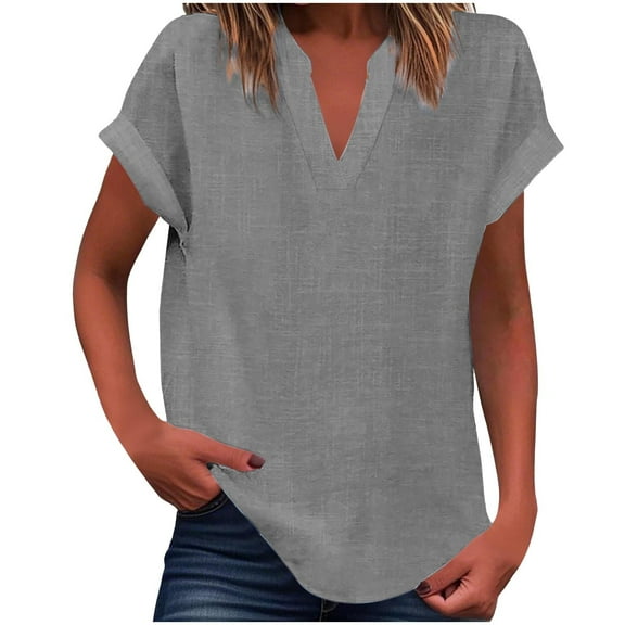 ABATAB Plus Size Cotton Linen Tops for Women Short Sleeve Shirts V Neck Casual Lightweight Blouse Vacation Fashion Clothes