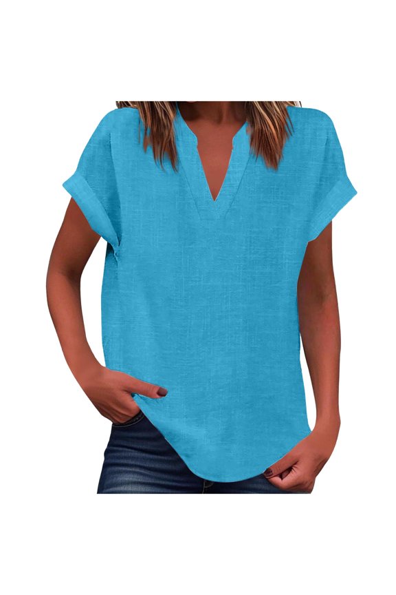 Plus Size Cotton Linen Tops for Women Short Sleeve Shirts V Neck Casual Lightweight Blouse Vacation Fashion Clothes