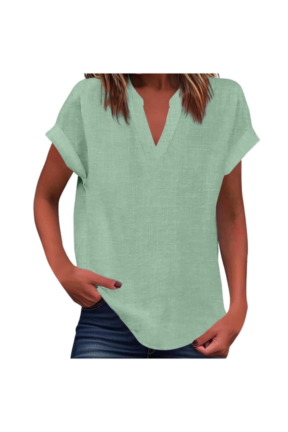 Plus Size Cotton Linen Tops for Women Short Sleeve Shirts V Neck Casual Lightweight Blouse Vacation Fashion Clothes
