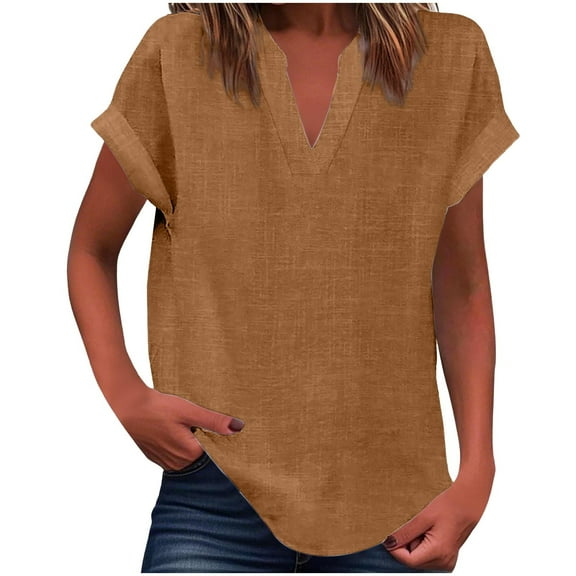 ABATAB Plus Size Cotton Linen Tops for Women Short Sleeve Shirts V Neck Casual Lightweight Blouse Vacation Fashion Clothes