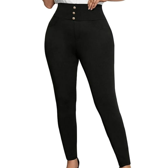 ABATAB Plus Size Leggings for Women 3 Button-Up High Waist Pants Soft Stretchy Slim Fit Solid Skinny Fashion Trousers