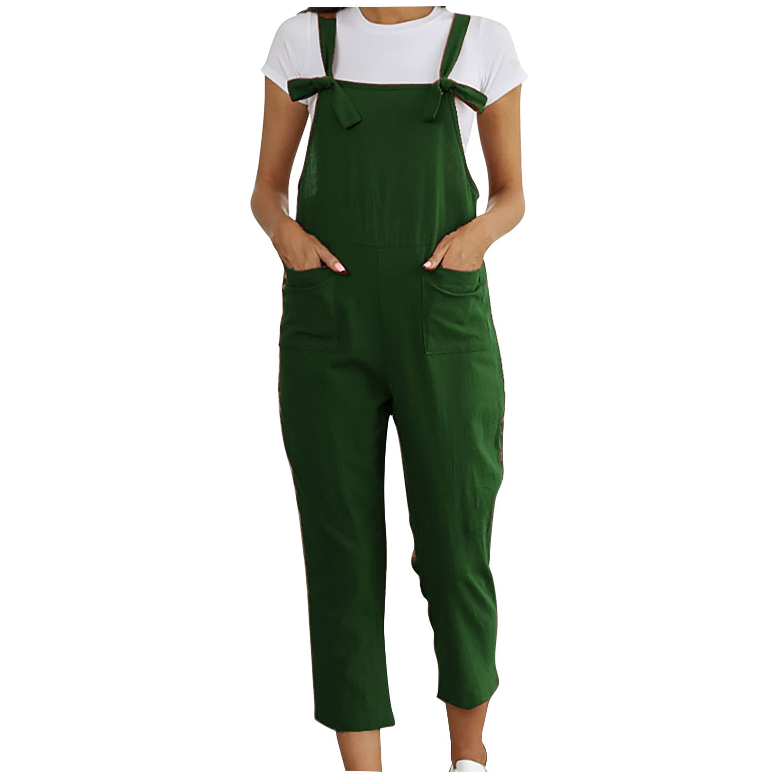 ABATAB Plus Size Overalls for Women Cotton Linen Square Neck Capri ...