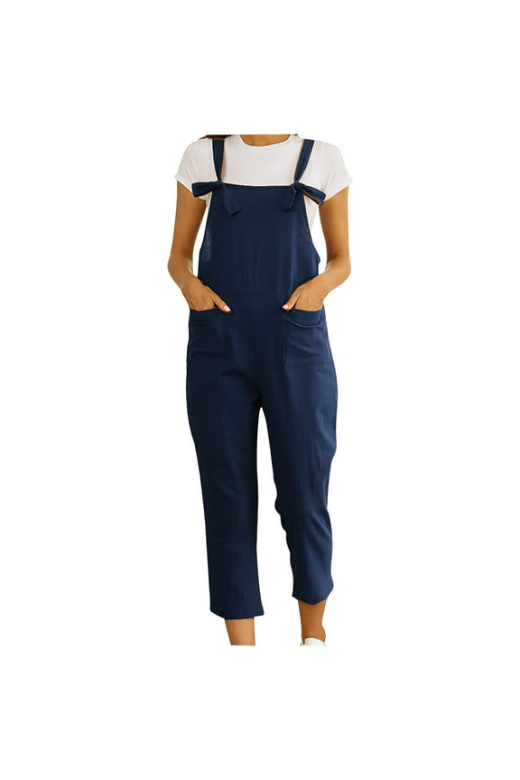 Plus Size Overalls for Women Cotton Linen Square Neck Capri Jumpsuit Loose Fit Summer Wide Leg Rompers with Pockets