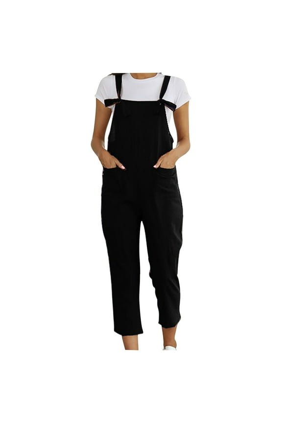 Plus Size Overalls for Women Cotton Linen Square Neck Capri Jumpsuit Loose Fit Summer Wide Leg Rompers with Pockets