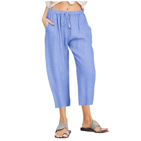 ABATAB Plus Size Pants for Women Summer Loose Dressy Cotton Linen Capris Casual Drawstring Pull on Slacks with Pockets