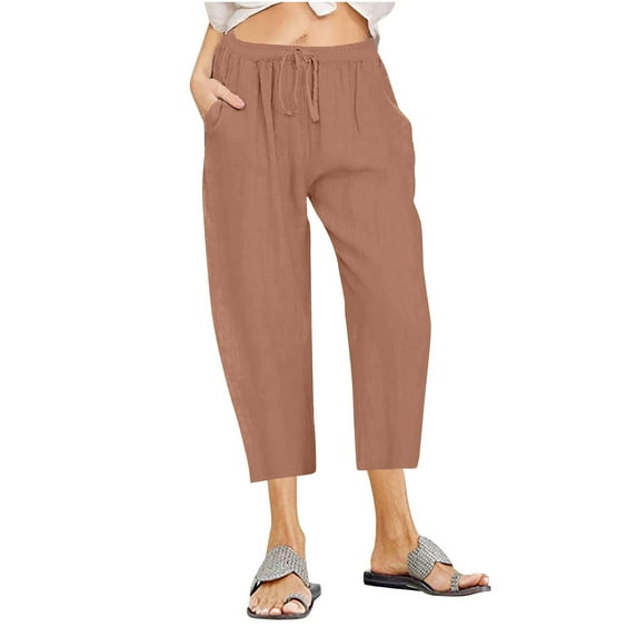 ABATAB Plus Size Pants for Women Summer Loose Dressy Cotton Linen Capris Casual Drawstring Pull on Slacks with Pockets