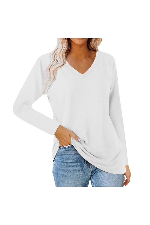 Plus Size Shirts for Women Casual Plain Long Sleeve V-Neck Basic Pullover Tops Soft Elegant Fall Lightweight Tunics(3X-Large,White)