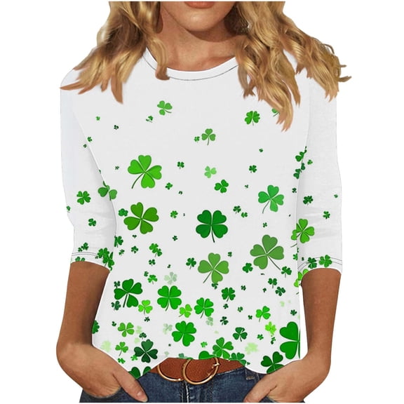 ABATAB Plus Size St Patricks Day Shirt for Women Shamrock 3/4 Sleeve Crewneck Tshirts St Paddys Day Gift Casual Tee Tops Clothes