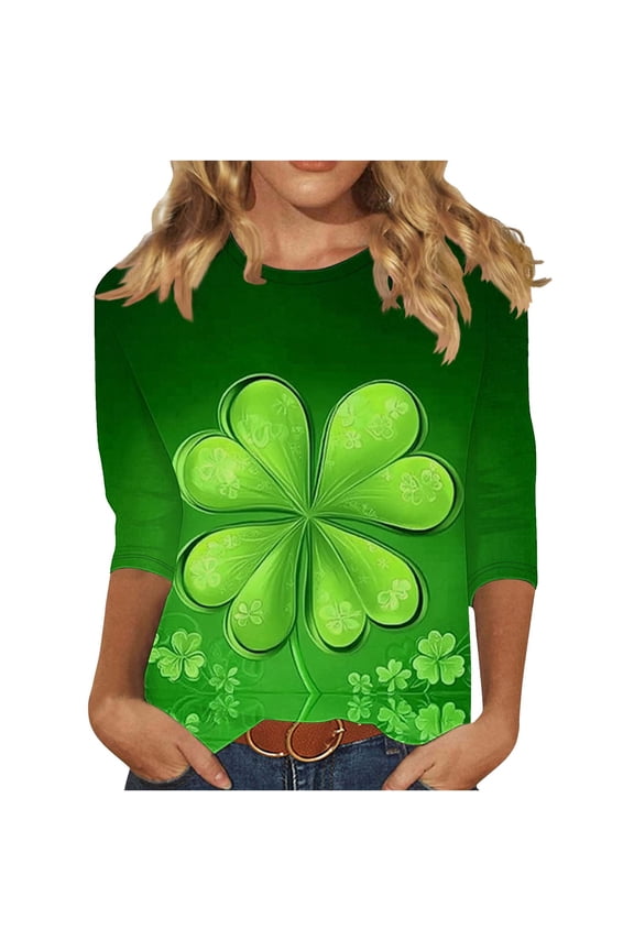 Plus Size St Patricks Day Shirt for Women Shamrock 3/4 Sleeve Crewneck Tshirts St Paddys Day Gift Casual Tee Tops Clothes