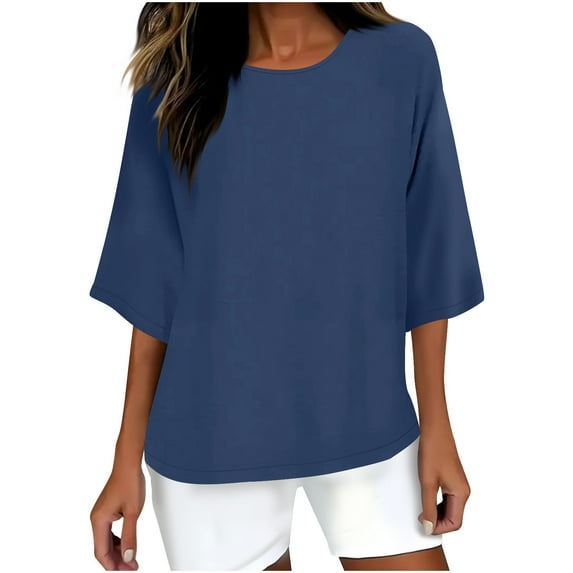 ABATAB Plus Size Tops for Women Oversized Cotton Linen Casual Shirts Loose Fit 1/4 Sleeve Crew Neck Solid Color Tshirts Summer Fall Clothes(Large,Dark Blue 1)