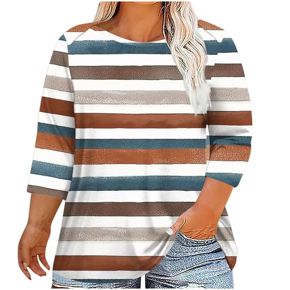 ABATAB Plus Size Tops for Women Trendy Color Block 3/4 Sleeve Casual Shirts Oversized Loose Fit Crew Neck Stripe Tunic Blouses(X-Large,Brown 1)