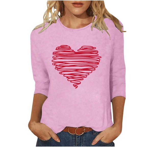 ABATAB Plus Size Valentine's Day Womens 3/4 Length Sleeve Shirts Crewneck Neck Love Heart Print T Shirts Casual Gift Tops