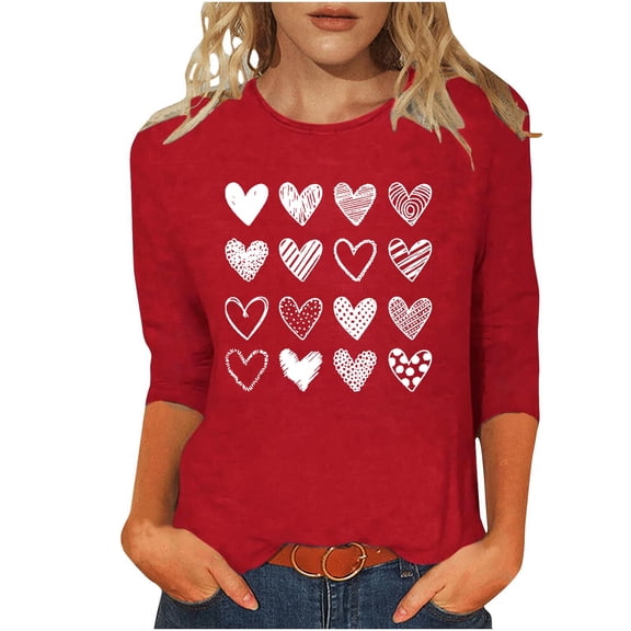 ABATAB Plus Size Valentine's Day Womens 3/4 Length Sleeve Shirts Crewneck Neck Love Heart Print T Shirts Casual Gift Tops