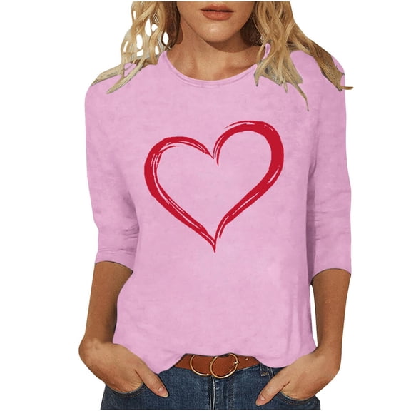 ABATAB Plus Size Valentines Shirts for Women 3/4 Length Sleeve Cute Love Heart Graphic Print Tops Spring Casual Crewneck Outfit
