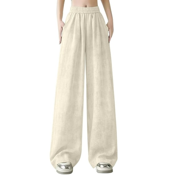ABATAB Plus Size Wide Leg Pants for Women Ruched Pure Color Lounge Trousers Elastic Waisted Baggy Casual Joggers Pants with Pockets