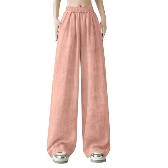 ABATAB Plus Size Wide Leg Pants for Women Ruched Pure Color Lounge Trousers Elastic Waisted Baggy Casual Joggers Pants with Pockets