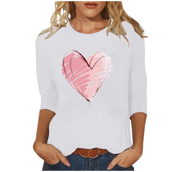 ABATAB Plus Size Women's Valentines 3/4 Sleeve Shirt Crewneck Love Heart Graphic Tee Casual Gift Matching Tops Clothes Outfits