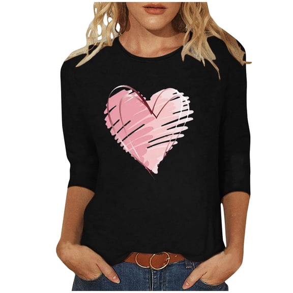 ABATAB Plus Size Women's Valentines 3/4 Sleeve Shirt Crewneck Love Heart Graphic Tee Casual Gift Matching Tops Clothes Outfits