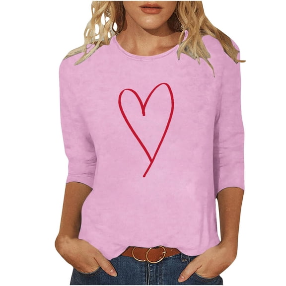 ABATAB Plus Size Women's Valentines 3/4 Sleeve Shirt Crewneck Love Heart Graphic Tee Casual Gift Matching Tops Clothes Outfits