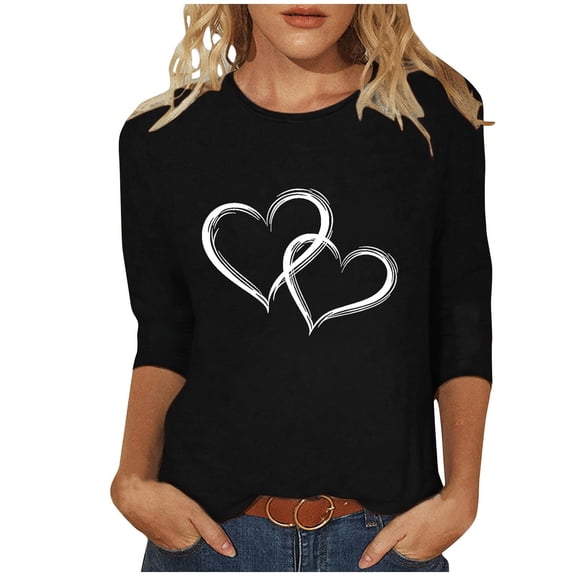 ABATAB Plus Size Women's Valentines 3/4 Sleeve Shirt Crewneck Love Heart Graphic Tee Casual Gift Matching Tops Clothes Outfits