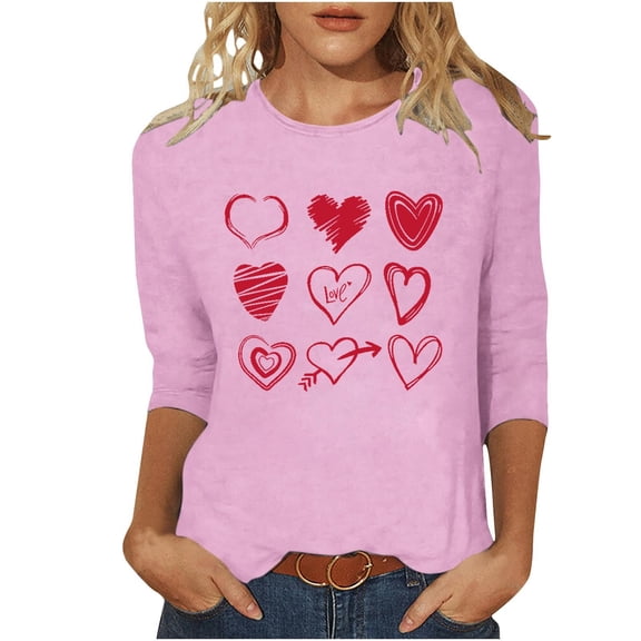 ABATAB Plus Size Womens 3/4 Sleeve Shirts Crewneck Valentine T Shirts Love Heart Printed Graphic Casual Comfy Tee Tops Clothes