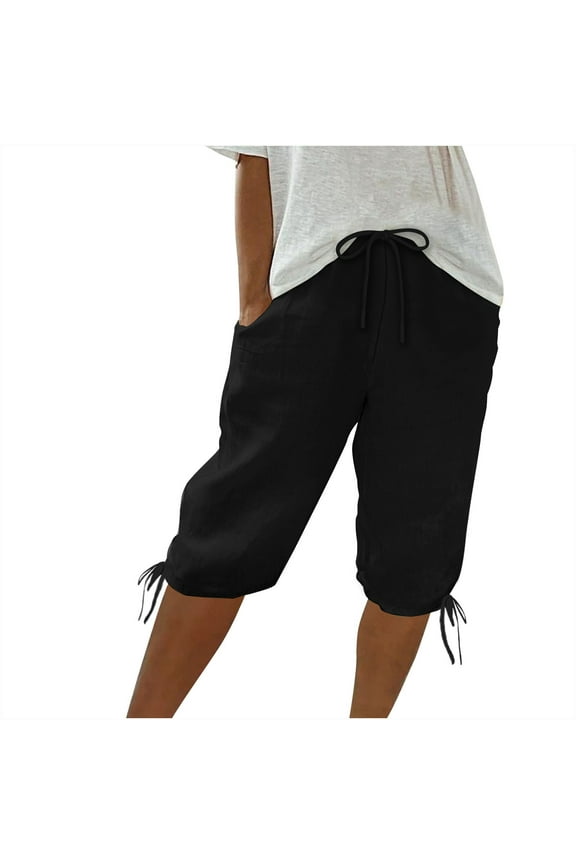 Plus Size Womens Casual Cotton Linen Pants Capri Elastic Waisted Drawstring Knee Length Summer with Pockets