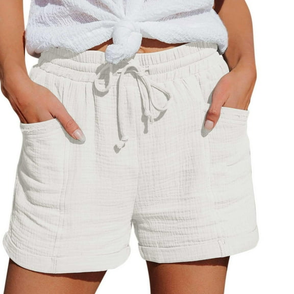 ABATAB Plus Size Womens Cotton Linen Shorts Casual Summer Elastic Waist Shorts Beach Vacation Lightweight with Pocket