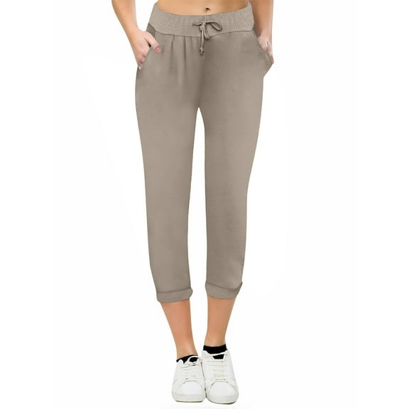 ABATAB Pull on Capri Pants for Women with Pockets Elastic Waist Cropped Pants Stretchy Drawstring Capris for Summer Casual