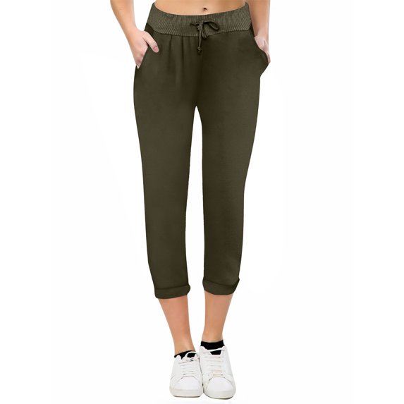 ABATAB Pull on Capri Pants for Women with Pockets Elastic Waist Cropped Pants Stretchy Drawstring Capris for Summer Casual