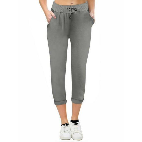 ABATAB Pull on Capri Pants for Women with Pockets Elastic Waist Cropped Pants Stretchy Drawstring Capris for Summer Casual