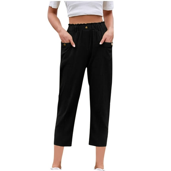 ABATAB Pull on Capris for Women Dressy Casual Lightweight Capri Pants Elastic Waist Cotton Linen Lounge Crop Trousers Summer