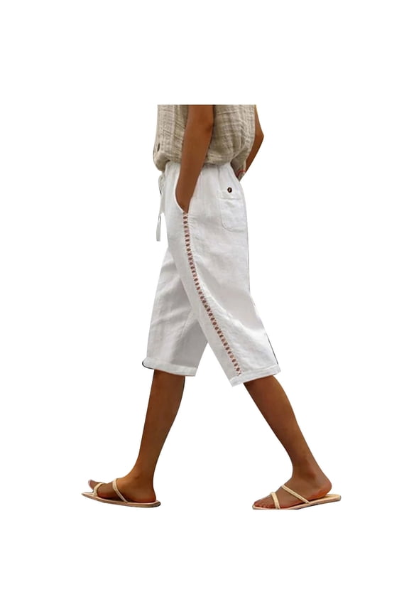 Pull on Capris for Women Dressy Casual Stretch Lightweight Capri Pants Cotton Linen Lounge Beach Crop Trousers Summer