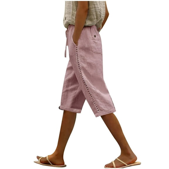 ABATAB Pull on Capris for Women Dressy Casual Stretch Lightweight Capri Pants Cotton Linen Lounge Beach Crop Trousers Summer