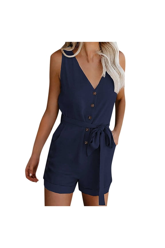 Romper for Womens Casual One Piece Sleeveless V Neck Jumpsuits Front Button down Holiday Trendy Rompers with Pockets