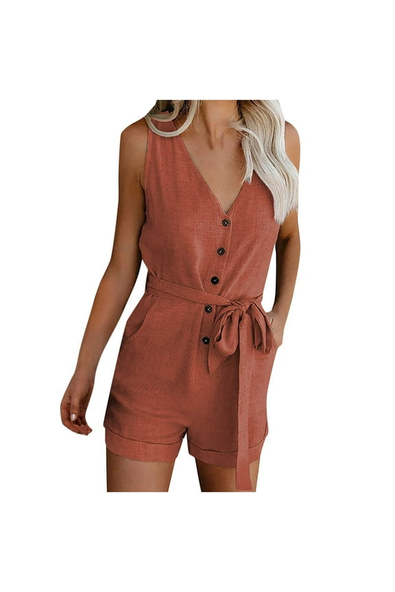 Romper for Womens Casual One Piece Sleeveless V Neck Jumpsuits Front Button down Holiday Trendy Rompers with Pockets